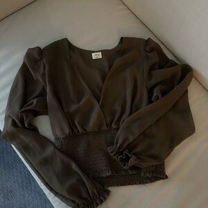 Wilfred Olive Smocked-Waist V-Neck Long Sleeve Blouse